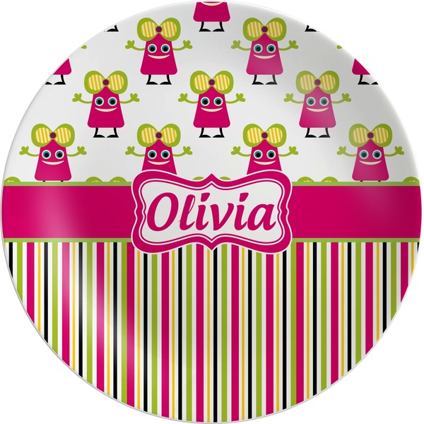 Custom Pink Monsters & Stripes Melamine Plate (Personalized)