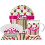 Pink Monsters & Stripes Dinner Set - Single 4 Pc Setting w/ Name or Text