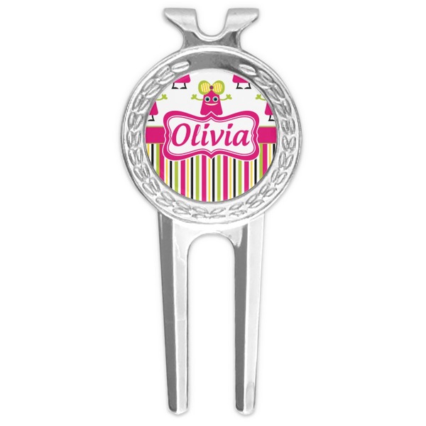 Custom Pink Monsters & Stripes Golf Divot Tool & Ball Marker (Personalized)