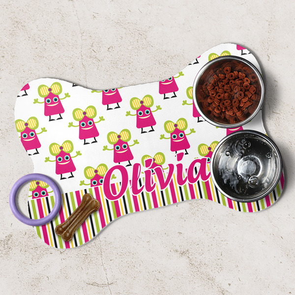Pink Monsters & Stripes Dog Bone Shaped Mat Lifestyle
