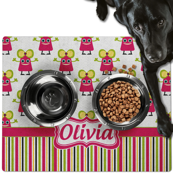 Custom Pink Monsters & Stripes Dog Food Mat - Large w/ Name or Text