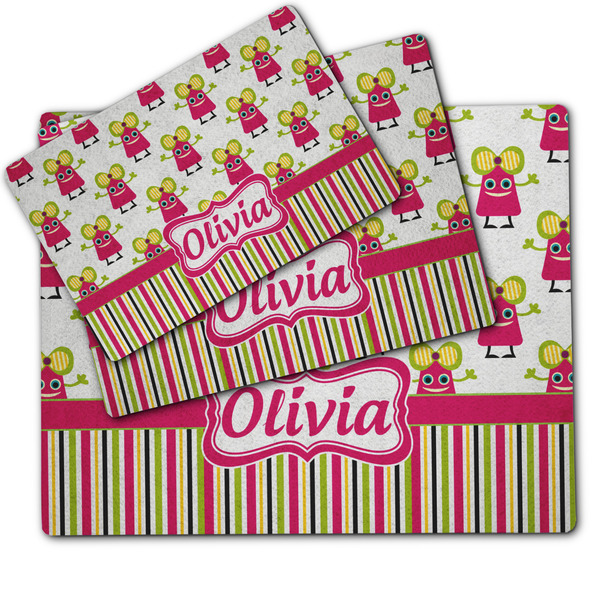 Pink Monsters & Stripes Dog Food Mat - MAIN (sm, med, lrg)