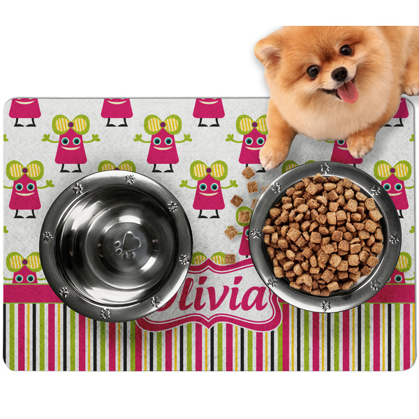 Custom Pink Monsters & Stripes Dog Food Mat - Small w/ Name or Text