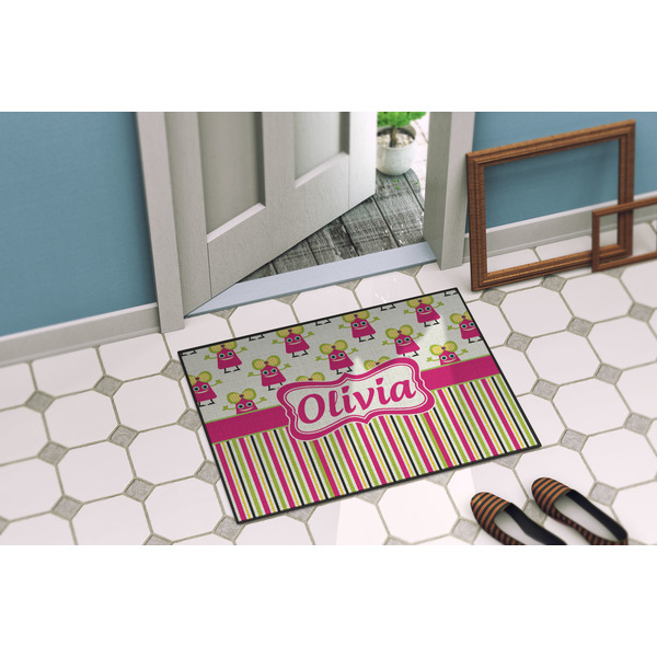 Pink Monsters & Stripes Door Mat Lifestyle