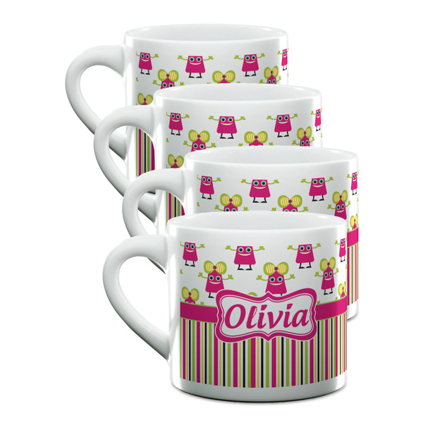 Custom Pink Monsters & Stripes Double Shot Espresso Cups - Set of 4 (Personalized)