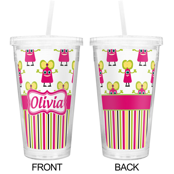 Pink Monsters & Stripes Double Wall Tumbler with Straw - Approval