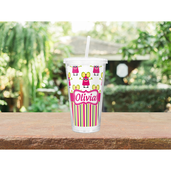 Pink Monsters & Stripes Double Wall Tumbler with Straw Lifestyle