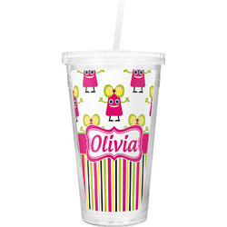 Pink Monsters & Stripes Double Wall Tumbler with Straw (Personalized)