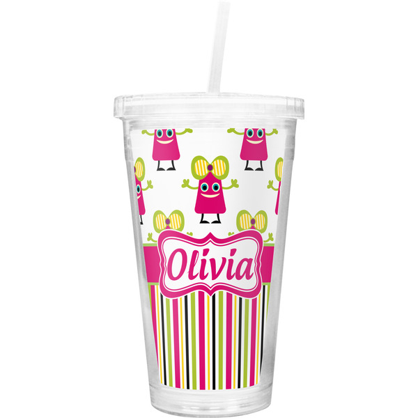 Custom Pink Monsters & Stripes Double Wall Tumbler with Straw (Personalized)