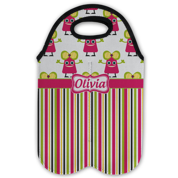 Pink Monsters & Stripes Double Wine Tote - Flat (new)