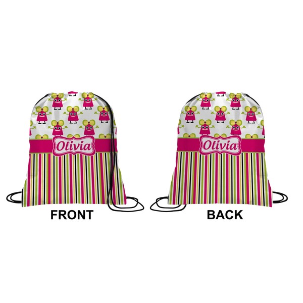 Pink Monsters & Stripes Drawstring Backpack Front & Back Small