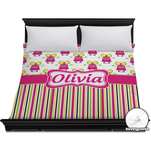 Custom Pink Monsters & Stripes Duvet Cover - King (Personalized)