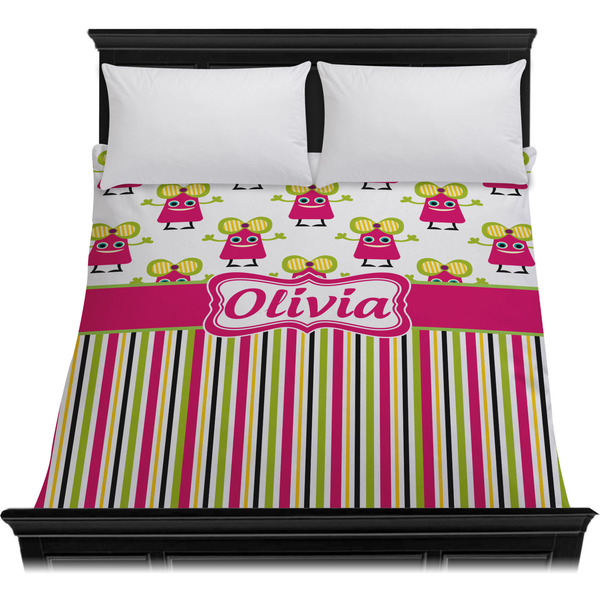 Pink Monsters & Stripes Duvet Cover - Queen - On Bed - No Prop