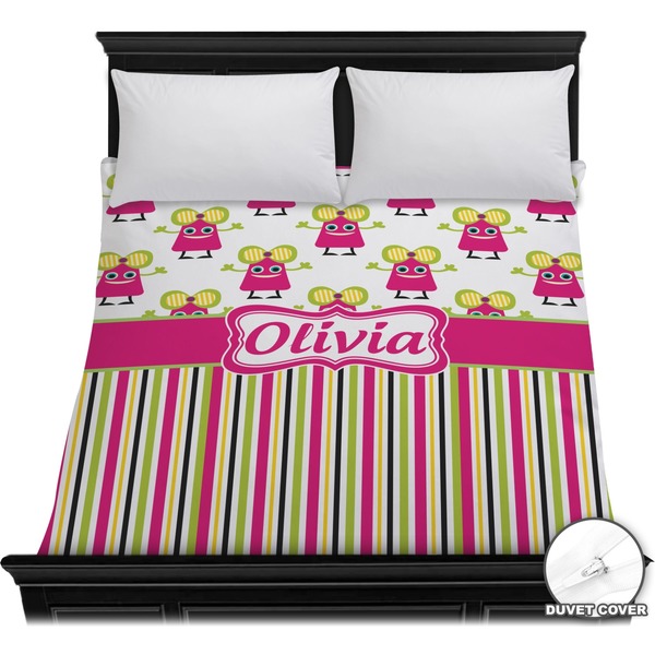 Custom Pink Monsters & Stripes Duvet Cover - Full / Queen (Personalized)