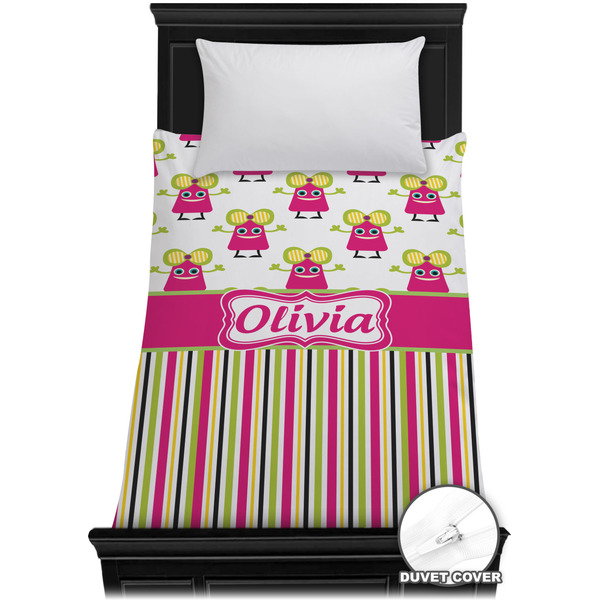 Custom Pink Monsters & Stripes Duvet Cover - Twin XL (Personalized)