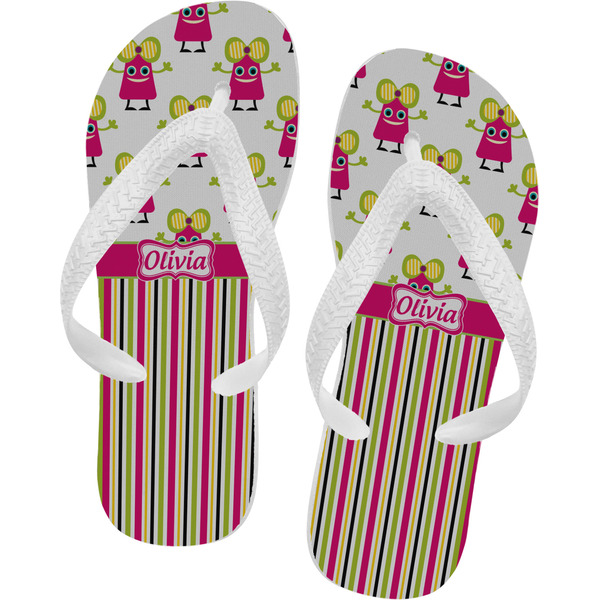 Custom Pink Monsters & Stripes Flip Flops - Large (Personalized)