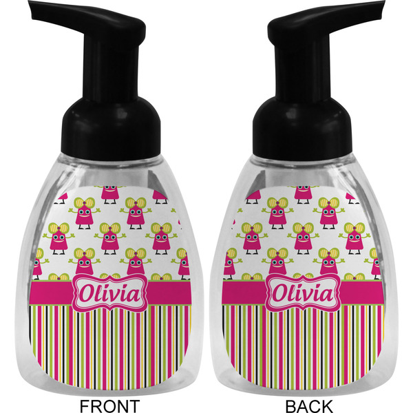 Pink Monsters & Stripes Foam Soap Bottle (Front & Back)