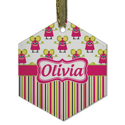 Pink Monsters & Stripes Flat Glass Ornament - Hexagon w/ Name or Text