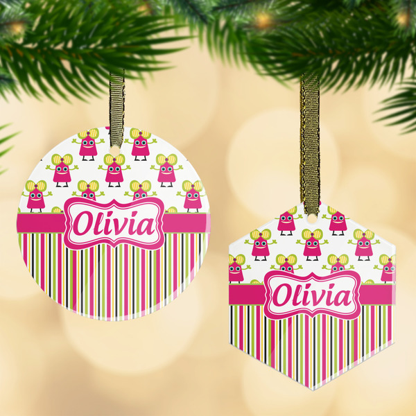 Custom Pink Monsters & Stripes Flat Glass Ornament w/ Name or Text