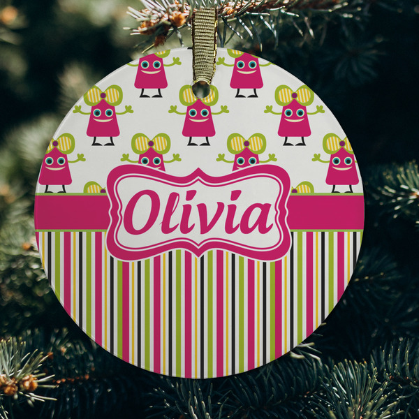 Pink Monsters & Stripes Frosted Glass Ornament - Round (Lifestyle)