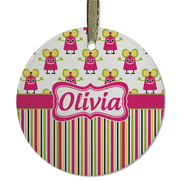 Custom Pink Monsters & Stripes Flat Glass Ornament - Round w/ Name or Text