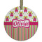 Pink Monsters & Stripes Flat Glass Ornament - Round w/ Name or Text