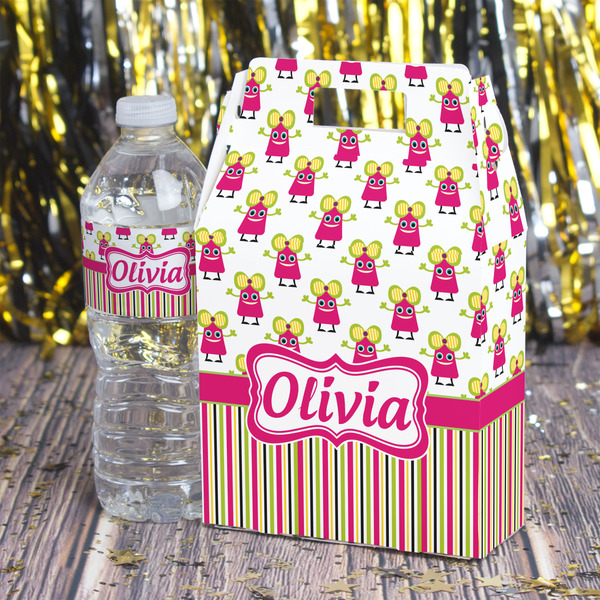 Pink Monsters & Stripes Gable Favor Box - In Context