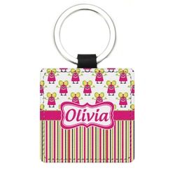 Pink Monsters & Stripes Genuine Leather Rectangular Keychain (Personalized)