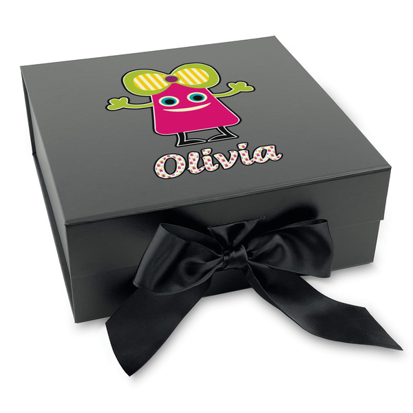 Custom Pink Monsters & Stripes Gift Box with Magnetic Lid - Black (Personalized)