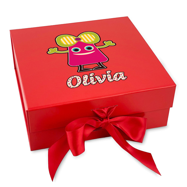 Custom Pink Monsters & Stripes Gift Box with Magnetic Lid - Red (Personalized)