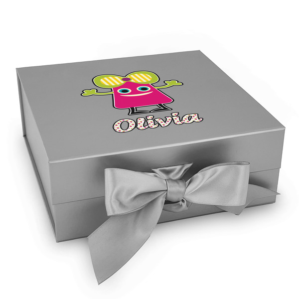 Custom Pink Monsters & Stripes Gift Box with Magnetic Lid - Silver (Personalized)