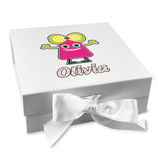 Custom Pink Monsters & Stripes Gift Box with Magnetic Lid - White (Personalized)