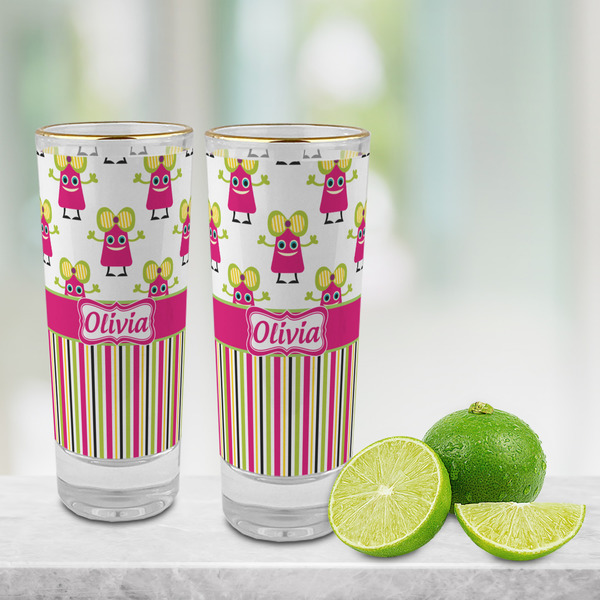 Pink Monsters & Stripes Glass Shot Glass - 2 oz - LIFESTYLE