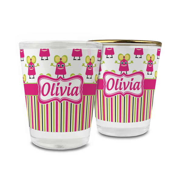 Custom Pink Monsters & Stripes Glass Shot Glass - 1.5 oz (Personalized)