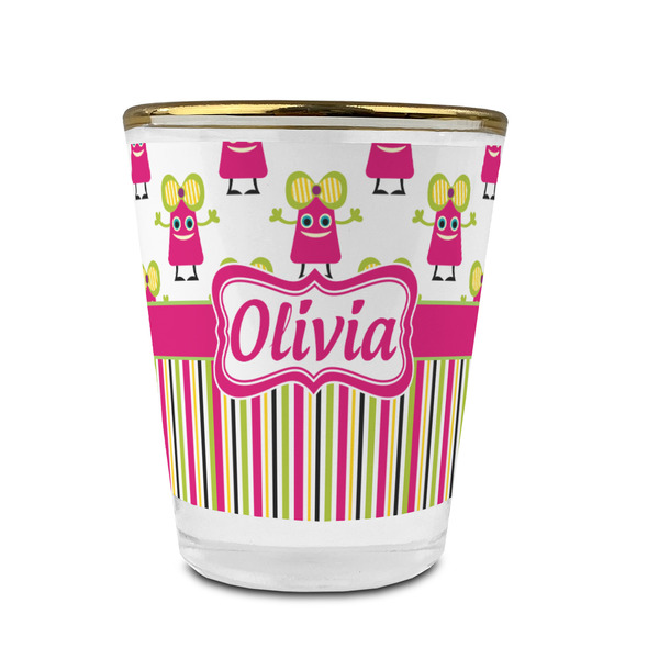 Pink Monsters & Stripes Glass Shot Glass - With gold rim - FRONT