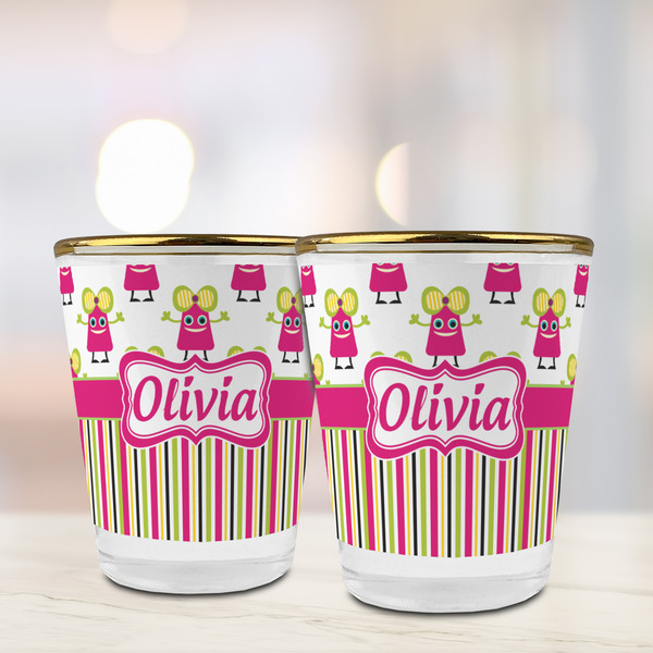Pink Monsters & Stripes Glass Shot Glass - with gold rim - LIFESTYLE