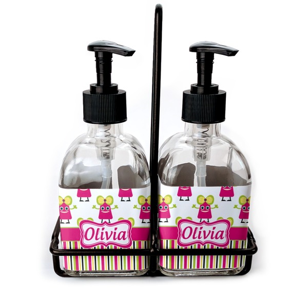 Custom Pink Monsters & Stripes Glass Soap & Lotion Bottles (Personalized)