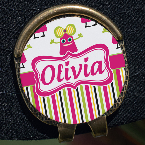 Pink Monsters & Stripes Golf Ball Marker Hat Clip - Gold - Close Up