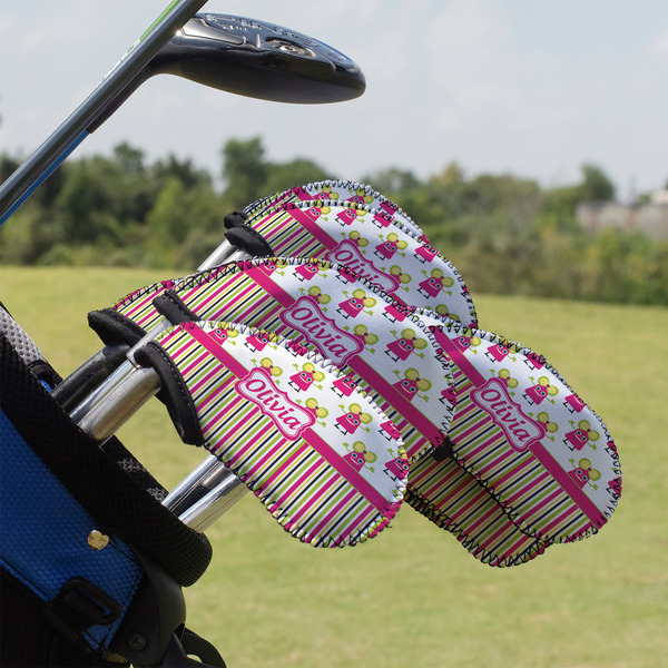 Custom Pink Monsters & Stripes Golf Club Iron Cover - Set of 9 (Personalized)