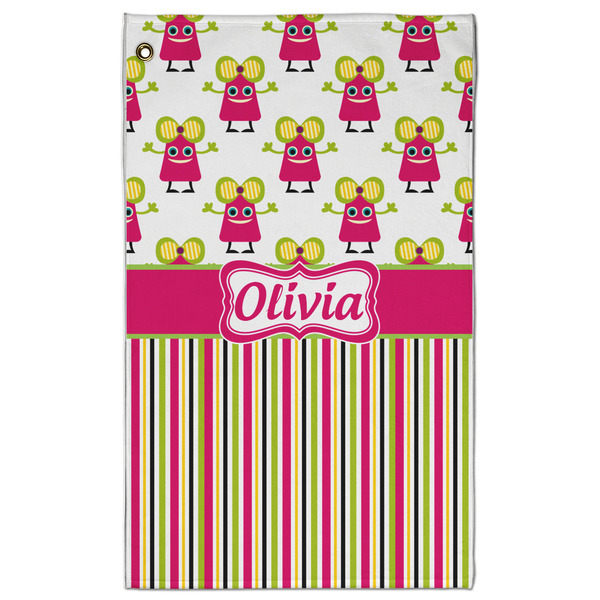 Custom Pink Monsters & Stripes Golf Towel - Poly-Cotton Blend w/ Name or Text