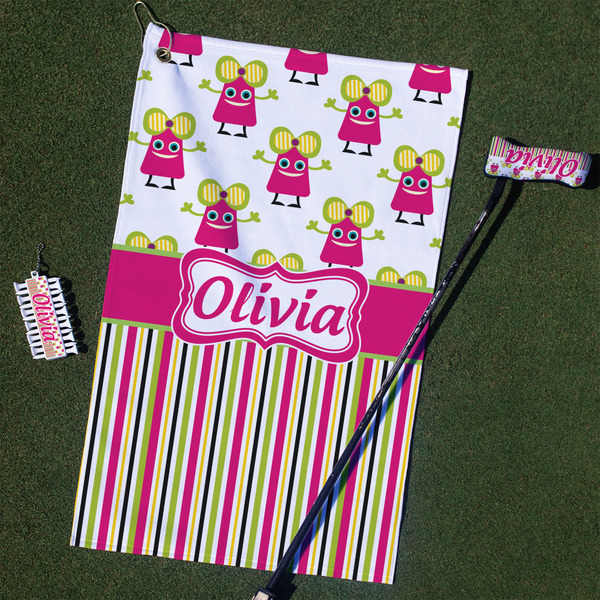 Custom Pink Monsters & Stripes Golf Towel Gift Set (Personalized)