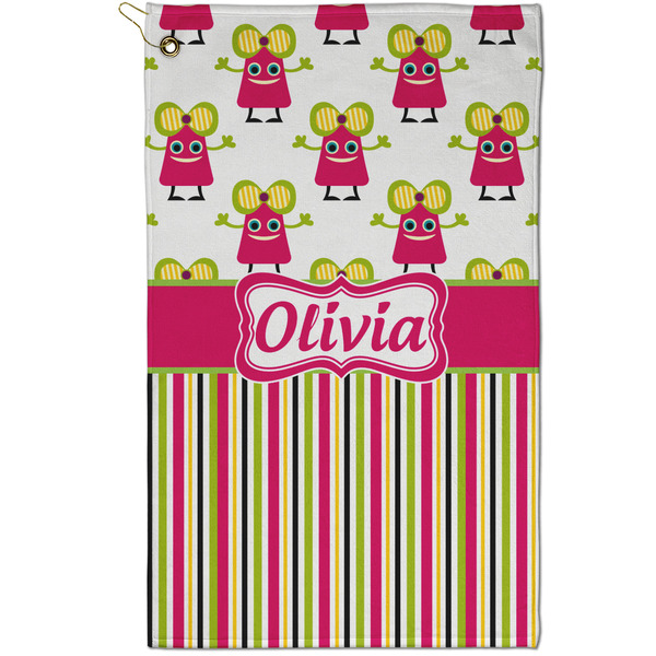 Custom Pink Monsters & Stripes Golf Towel - Poly-Cotton Blend - Small w/ Name or Text