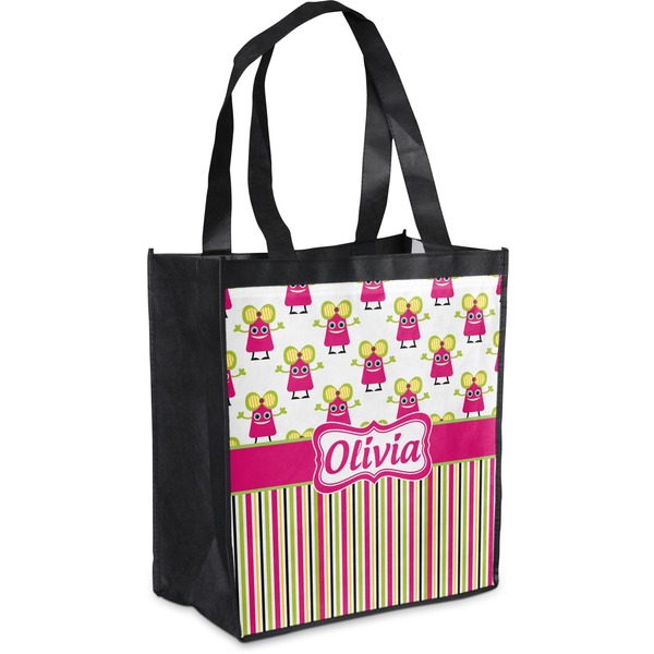 Custom Pink Monsters & Stripes Grocery Bag (Personalized)