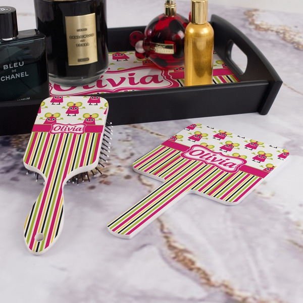 Pink Monsters & Stripes Hair Brush and Hand Mirror - Bathroom Scene