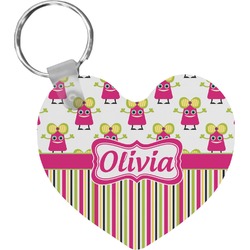 Pink Monsters & Stripes Heart Plastic Keychain w/ Name or Text