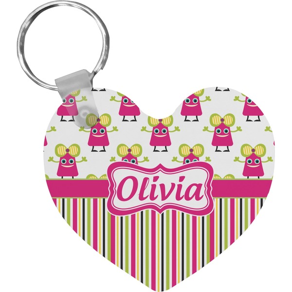 Custom Pink Monsters & Stripes Heart Plastic Keychain w/ Name or Text