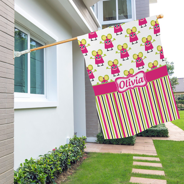 Pink Monsters & Stripes House Flags - Double Sided - LIFESTYLE