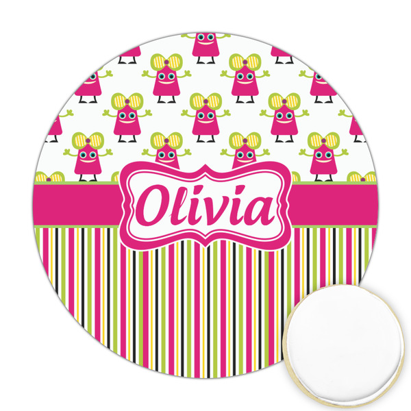 Custom Pink Monsters & Stripes Printed Cookie Topper - Round (Personalized)