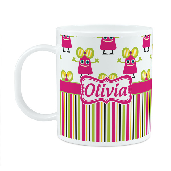 Custom Pink Monsters & Stripes Plastic Kids Mug (Personalized)