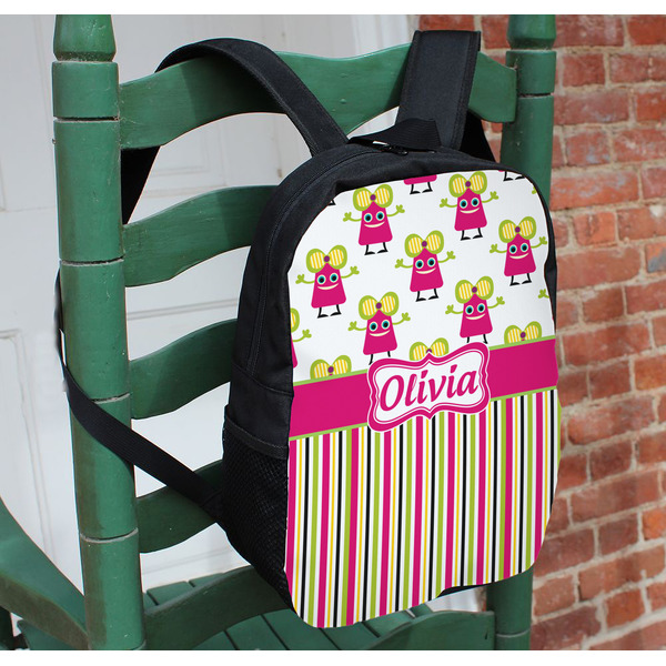 Pink Monsters & Stripes Kids Backpack - In Context